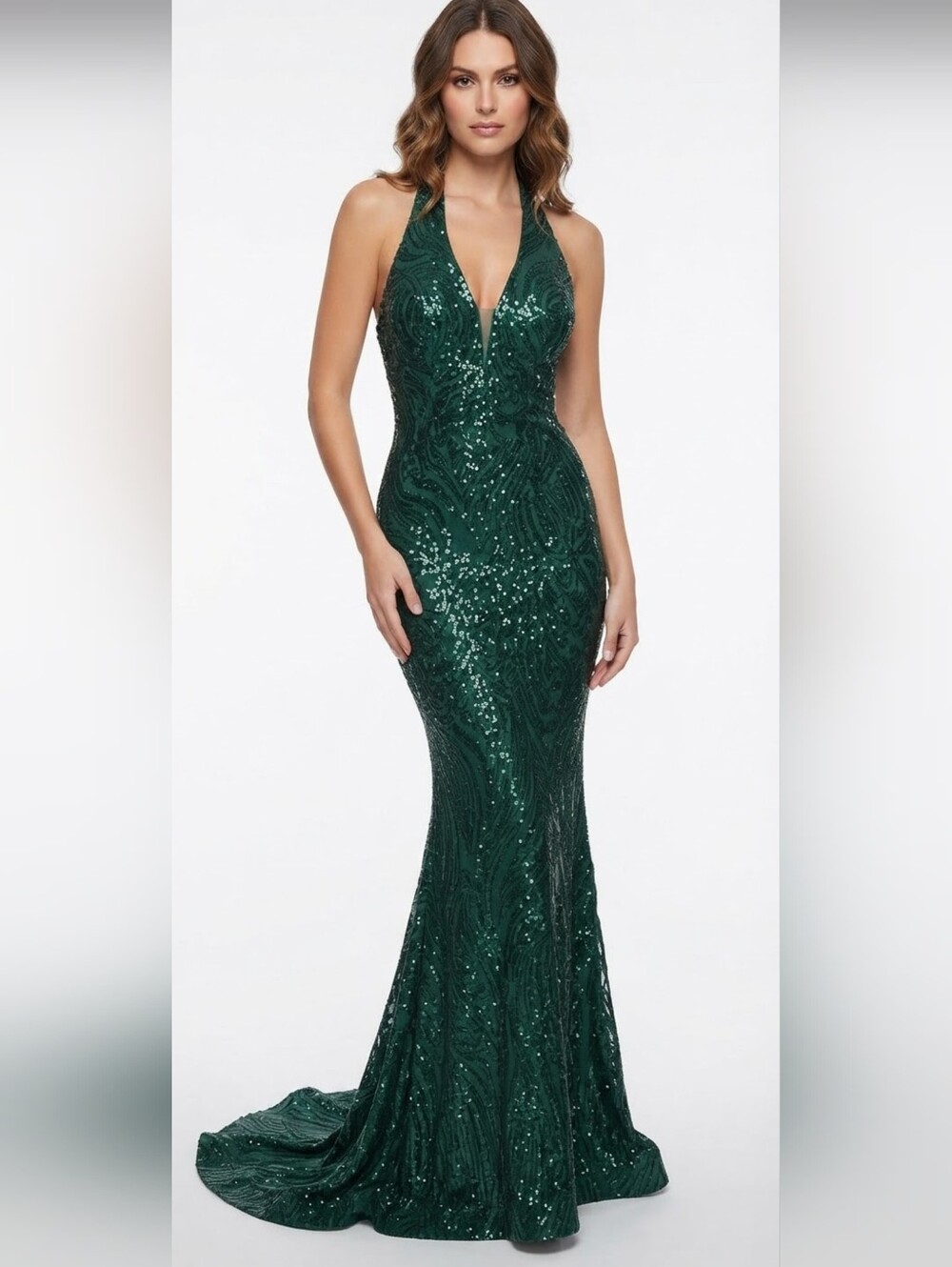 Emerald Green Halter Sequin Mermaid Maxi Dress